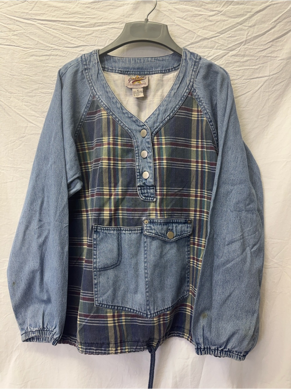 Denim & Plaid Pullover Hoodie - Blue